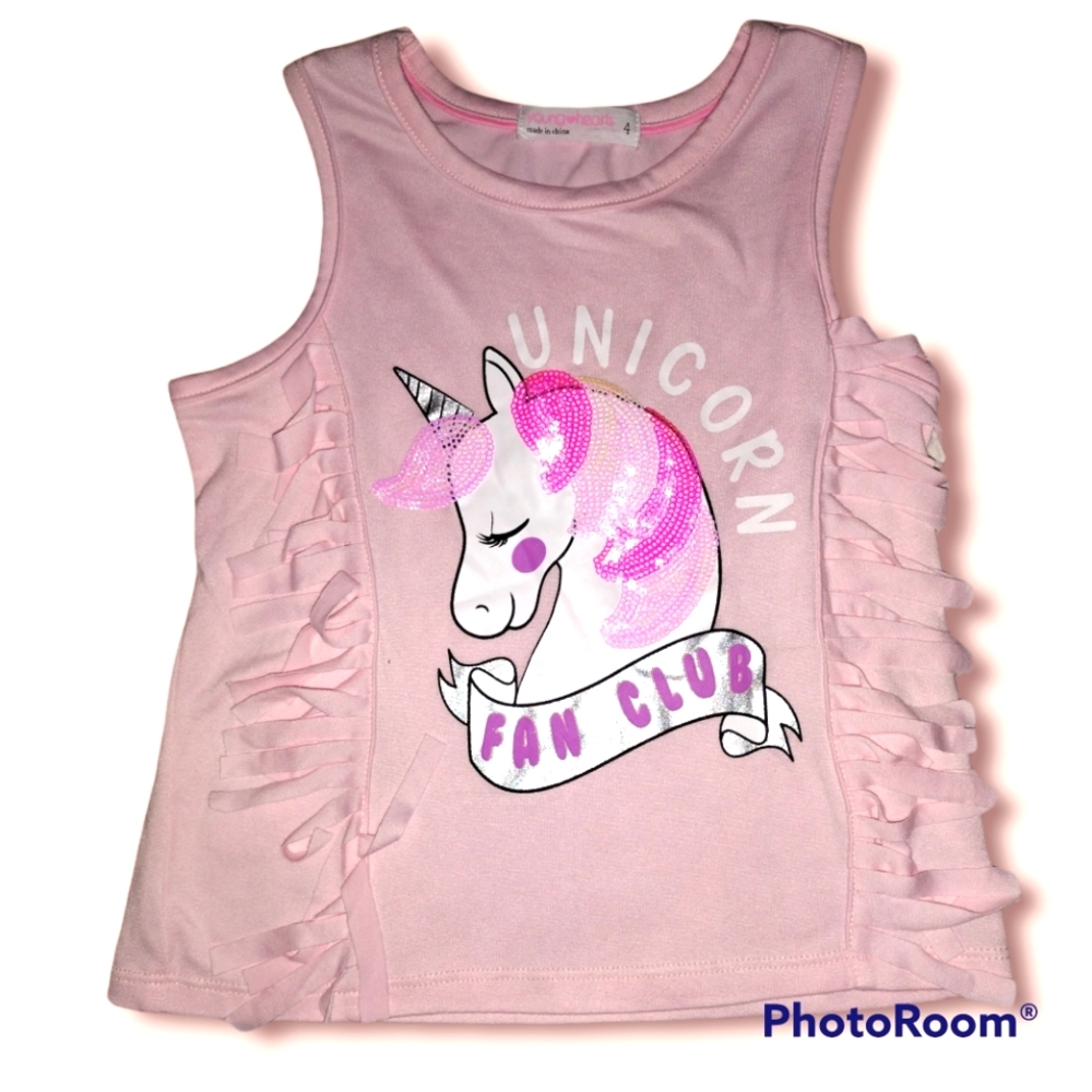 Tank top light pink with unicorn design "fan club" has pink sequins size 4